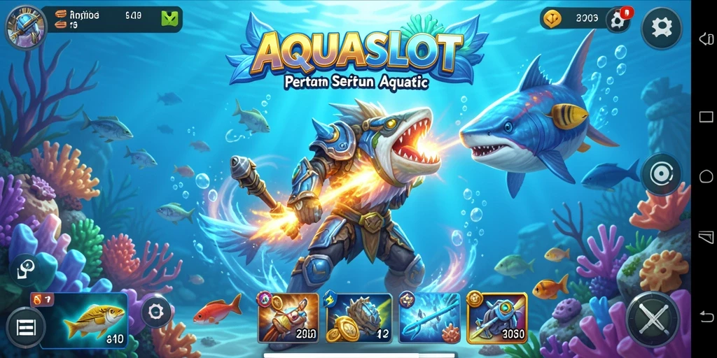 Tampilan action-packed dari gameplay AQUASLOT yang seru dan mendebarkan.