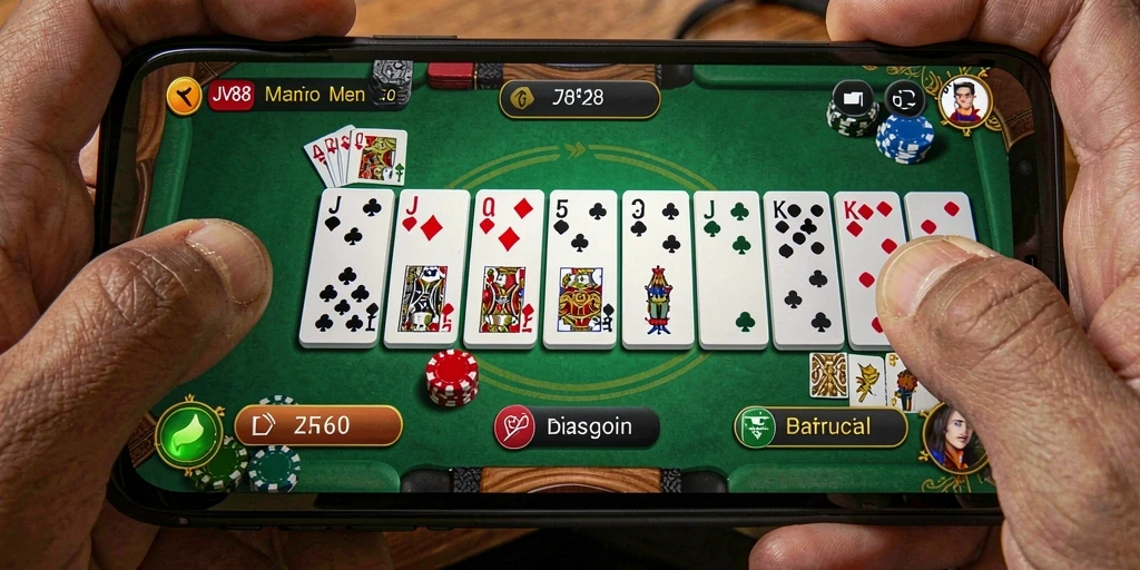 Screenshot gameplay JV88 menampilkan suasana permainan Domino yang kompetitif.