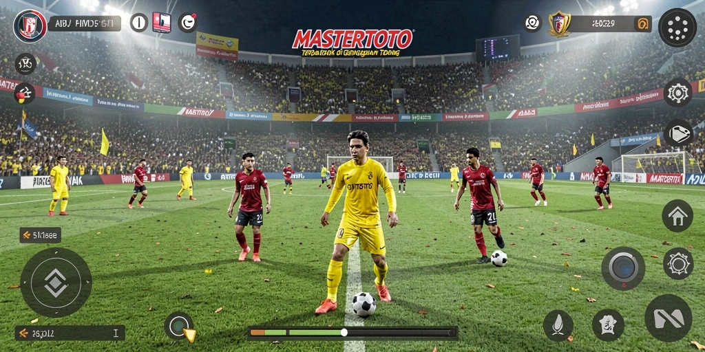 Screenshot gameplay MASTERTOTO yang menampilkan aksi seru di lapangan sepak bola.