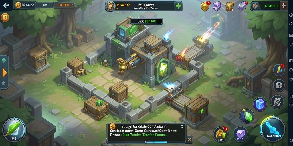 Screenshot gameplay MEKAR99 menampilkan pertahanan yang kuat dan serangan musuh.