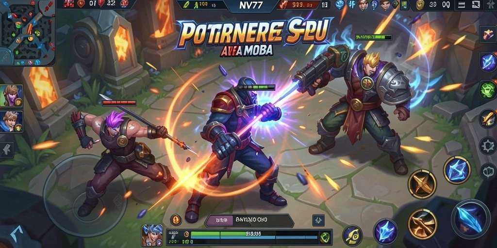 Gameplay epik NV77 dalam pertarungan MOBA yang penuh aksi.