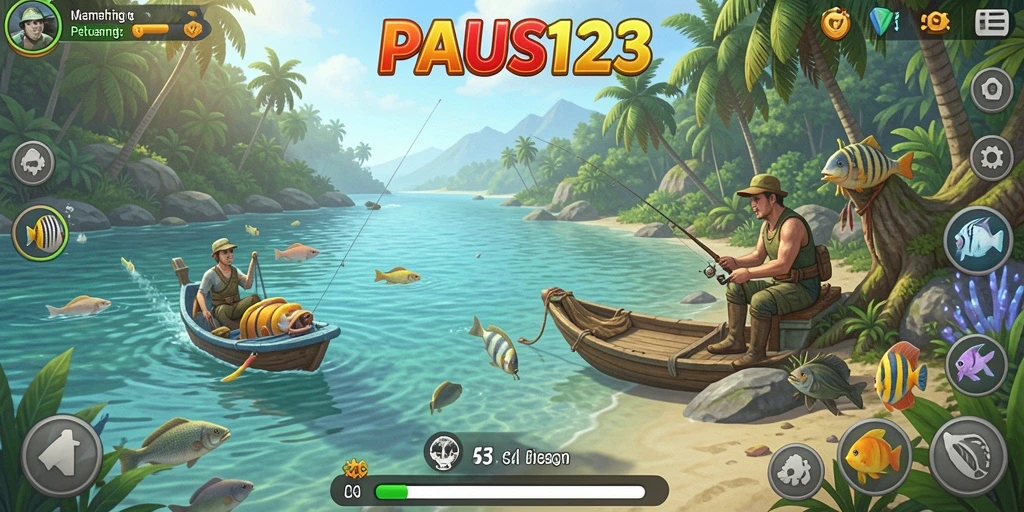 Tampilan gameplay PAUS123 yang menegangkan saat memancing di danau yang indah.