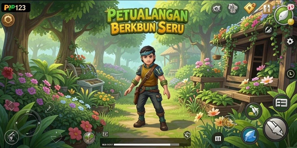 Tampilan gameplay PP123 yang menampilkan ladang yang subur dan peralatan bertani.