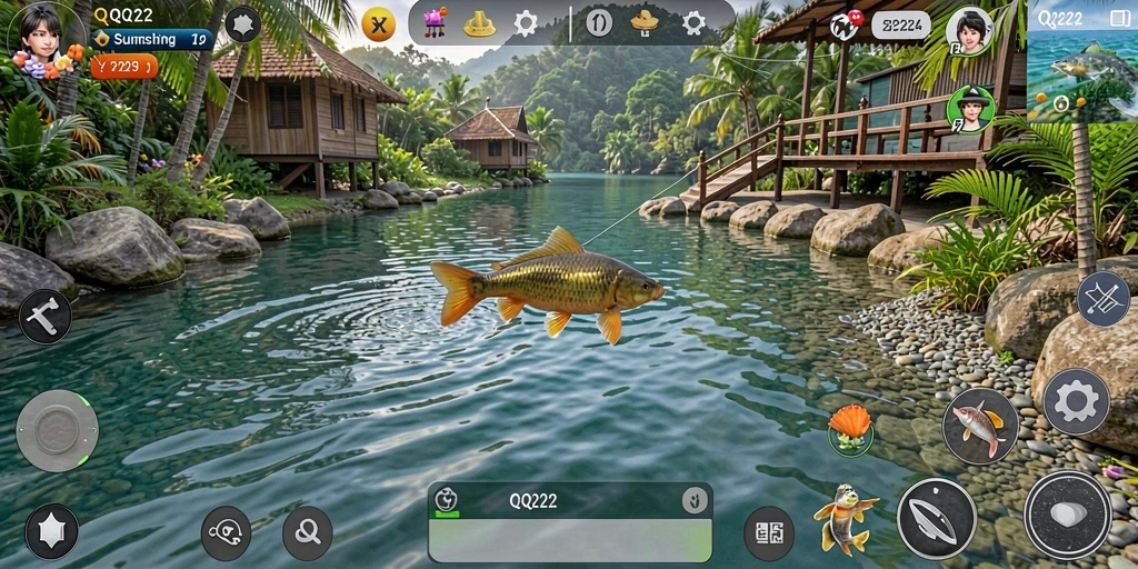 Screenshot gameplay QQ222 menampilkan grafik memancing yang mengagumkan.