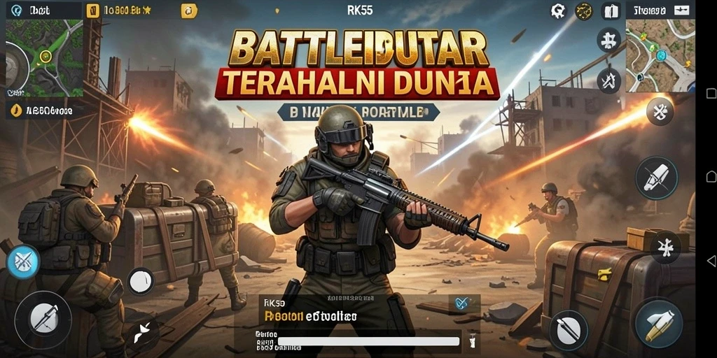 Tampilan epic gameplay di RK55 dengan aksi Battle Royale yang mendebarkan.