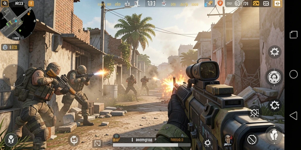 Tampilan screenshot gameplay RR33 dalam aksi tembak-menembak yang intens.