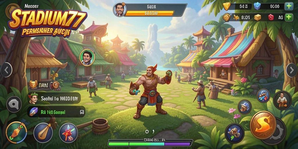 Tampilan gameplay STADIUM77 yang cerah dan penuh warna.