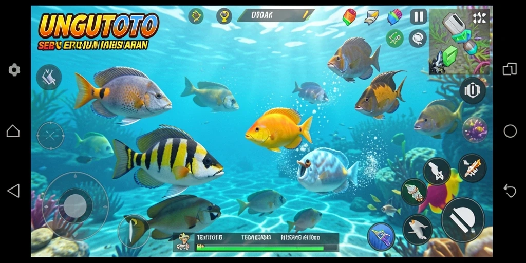 Screenshot gameplay UNGUTOTO menampilkan aksi seru menembak ikan.