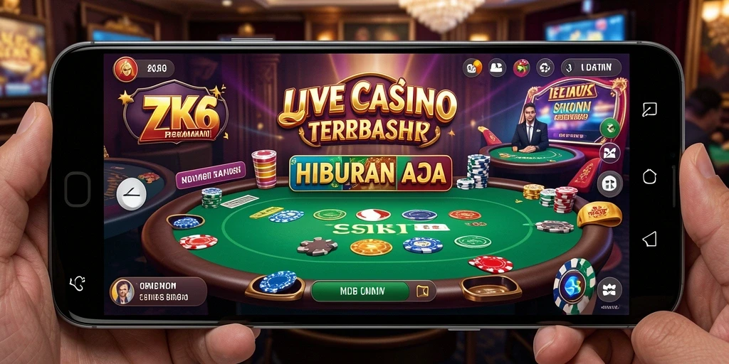 Screenshot ZK6 menampilkan dealer langsung dan permainan kasino yang seru.